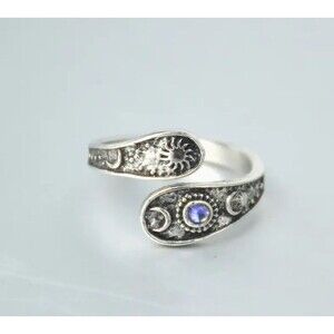Adjustable Antique Silver Sun Moon Stone Spoon Ring Celestial